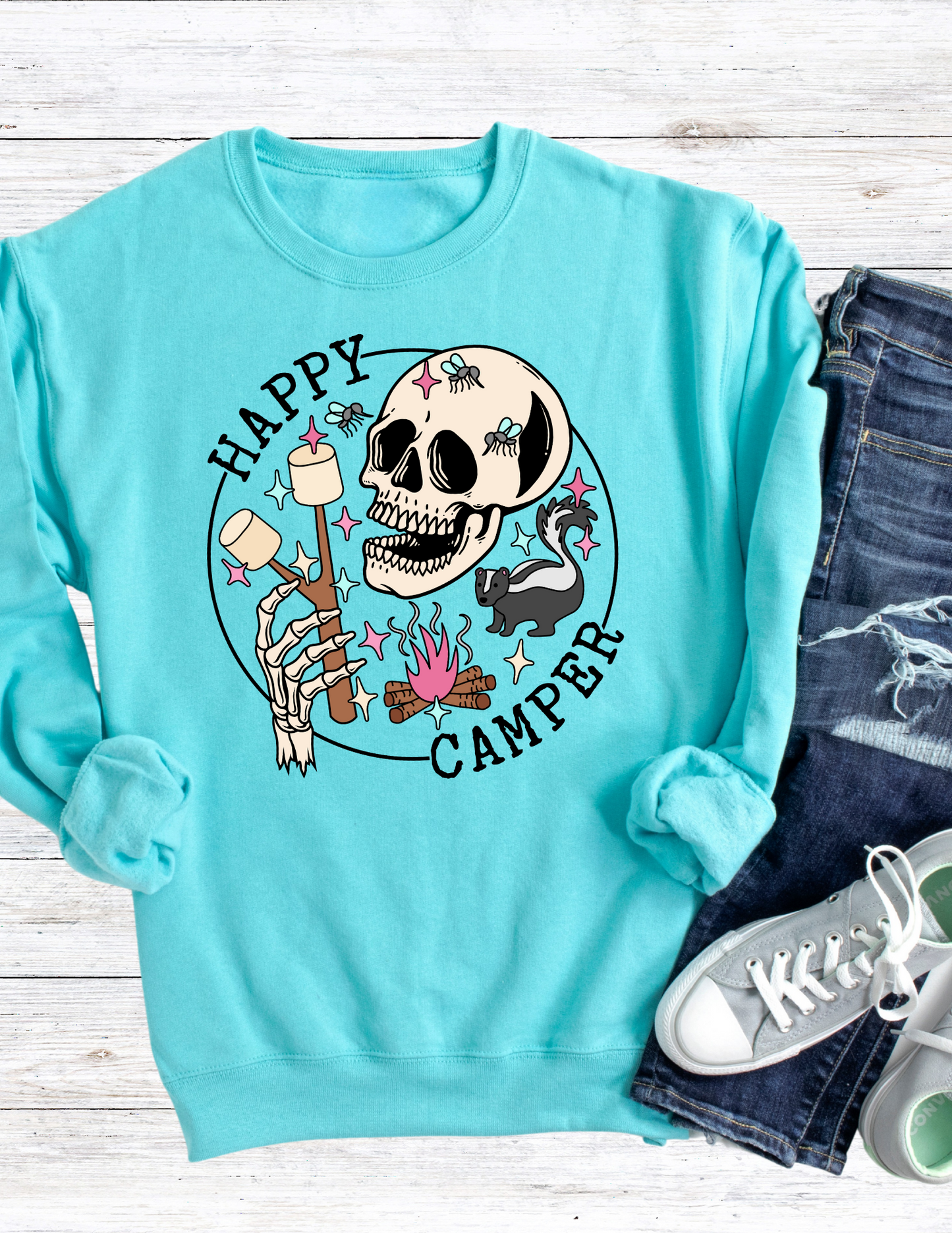 Skelly Happy Camper Crewneck or Hoodie